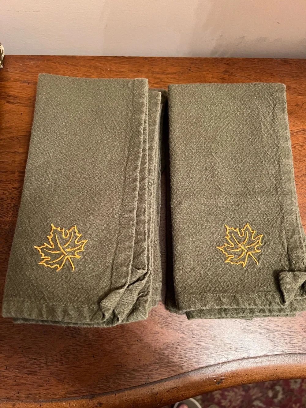 Vintage Embroidered Leaf Olive Green Cotton Napkins - Set of 8